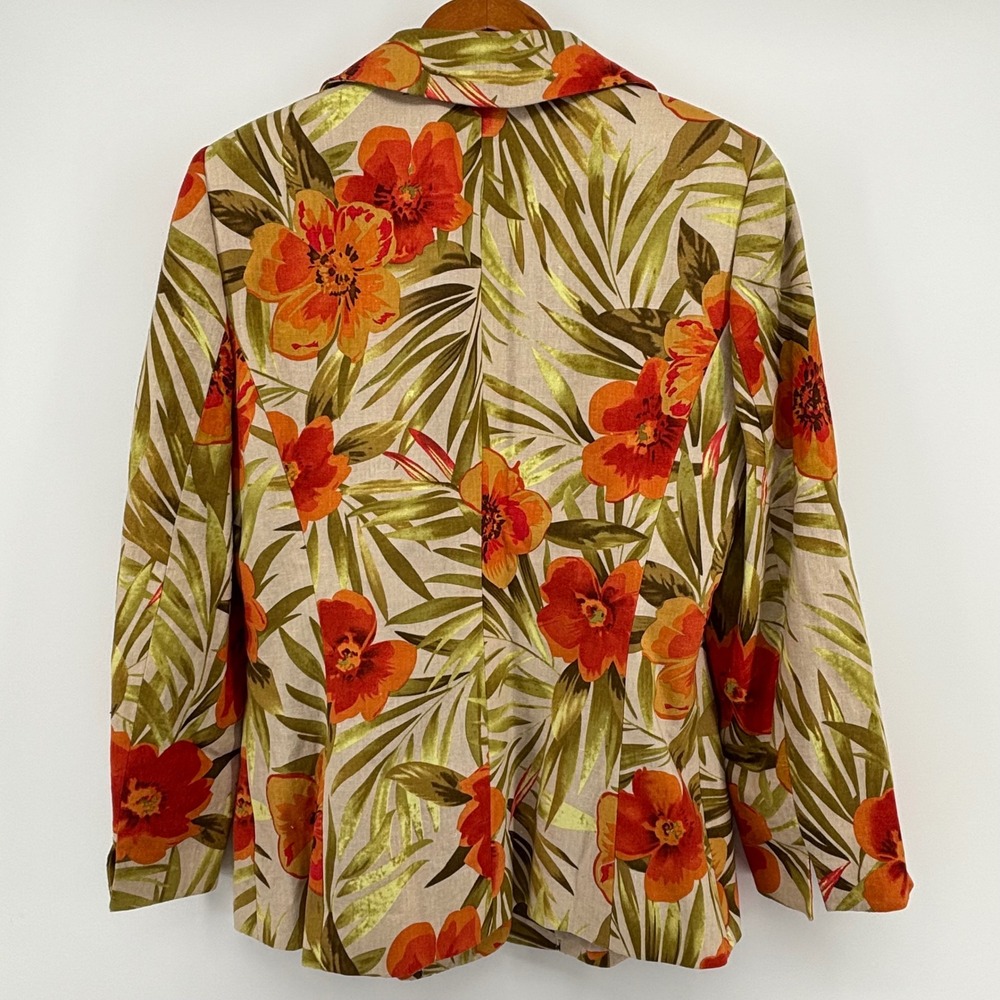Le Suit Womens 6 Tropical Floral Linen Blend Blazer Orange Green Hibiscus Jacket - Picture 6 of 10